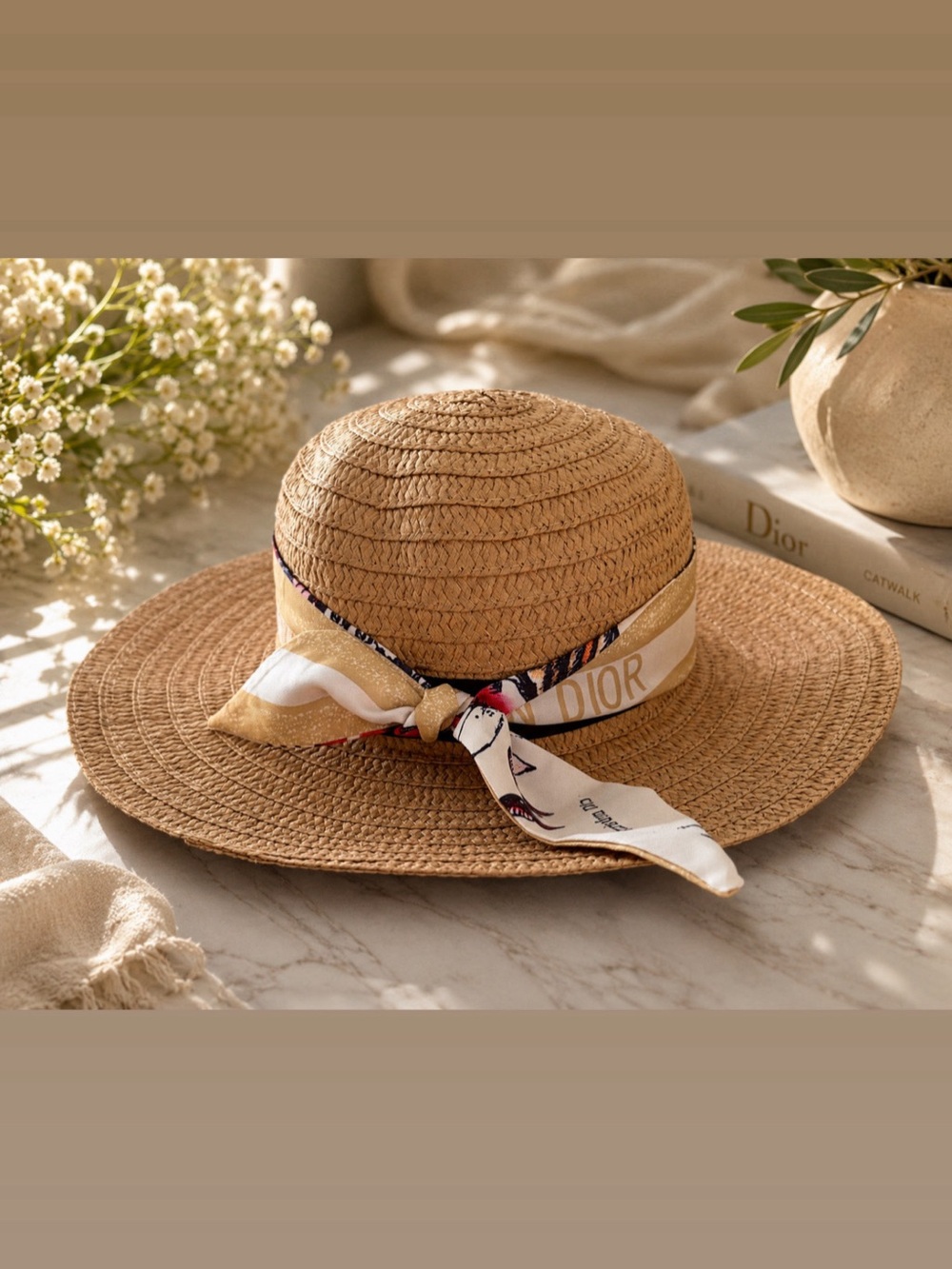 Straw Sun Hat with Decorative Scarf